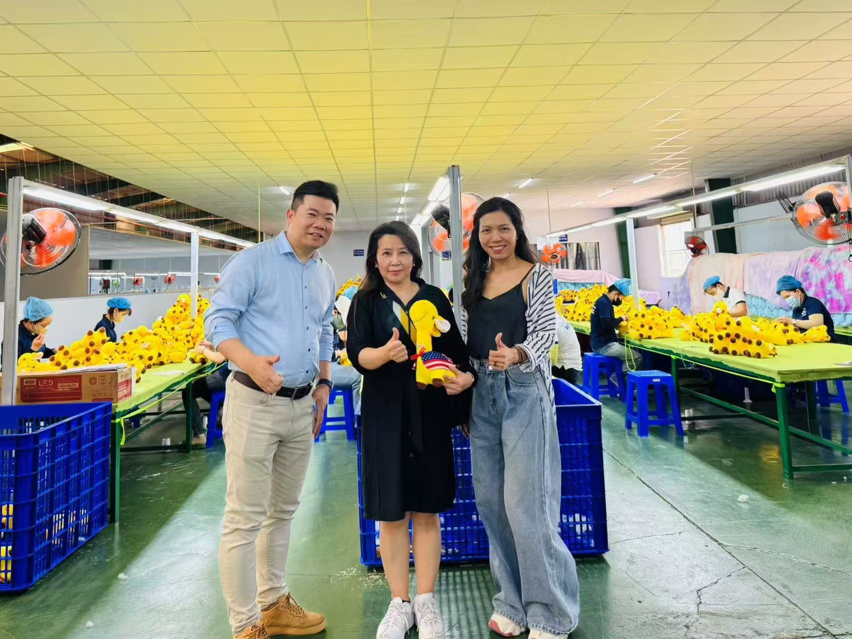 Jin Chi team visiting a plush production partner in Vietnam